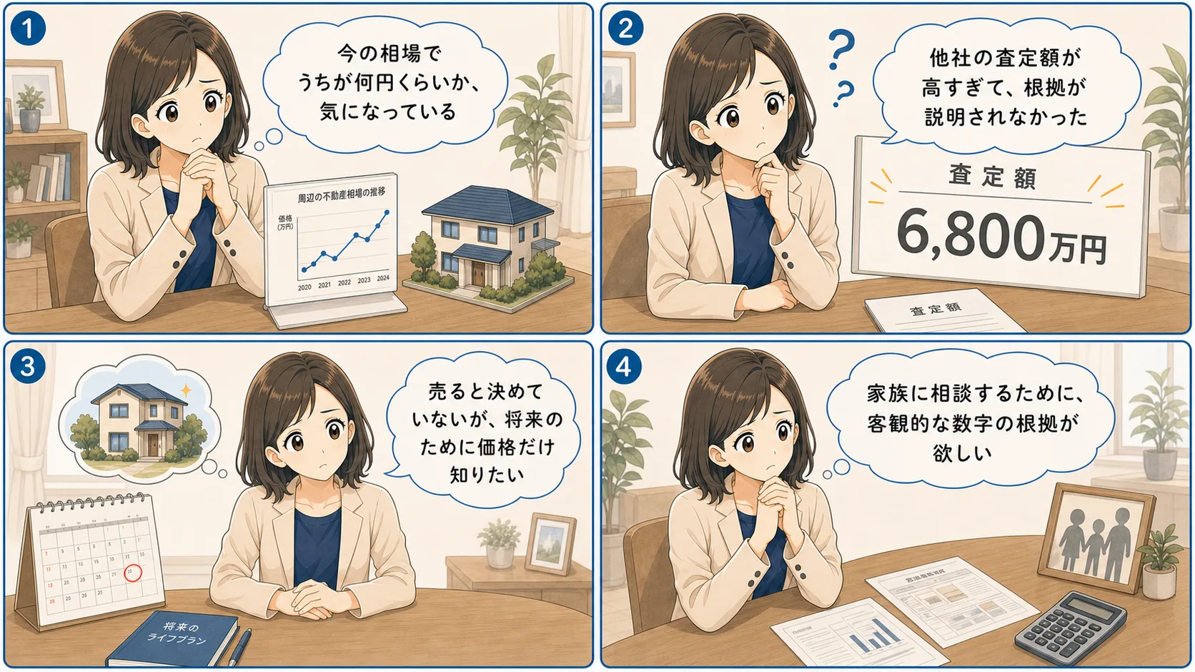不動産査定に悩む女性の4コマ漫画。査定依頼のきっかけや不安を描いたイラスト。